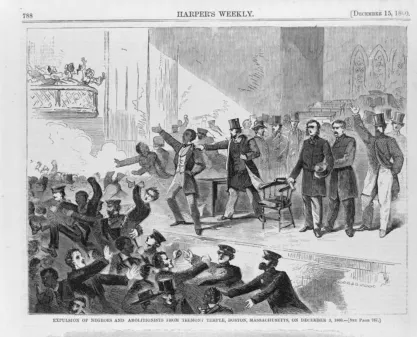Illustration from the Dec. 15, 1860 issue of "Harper's Weekly" showing Frederick Douglass and a group of abolitionists being forced off stage by a mob at&nbsp;Tremont Temple, Boston, Massachusetts, on December 3, 1860.&nbsp;